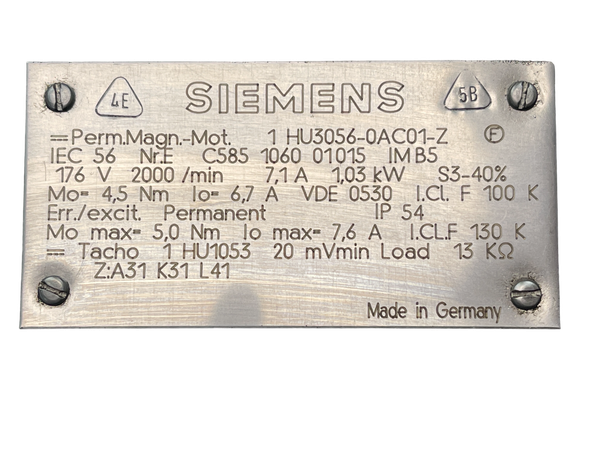 Siemens 1 HU3056-0AC01-Z Permanent Magnet Motor RHV19560